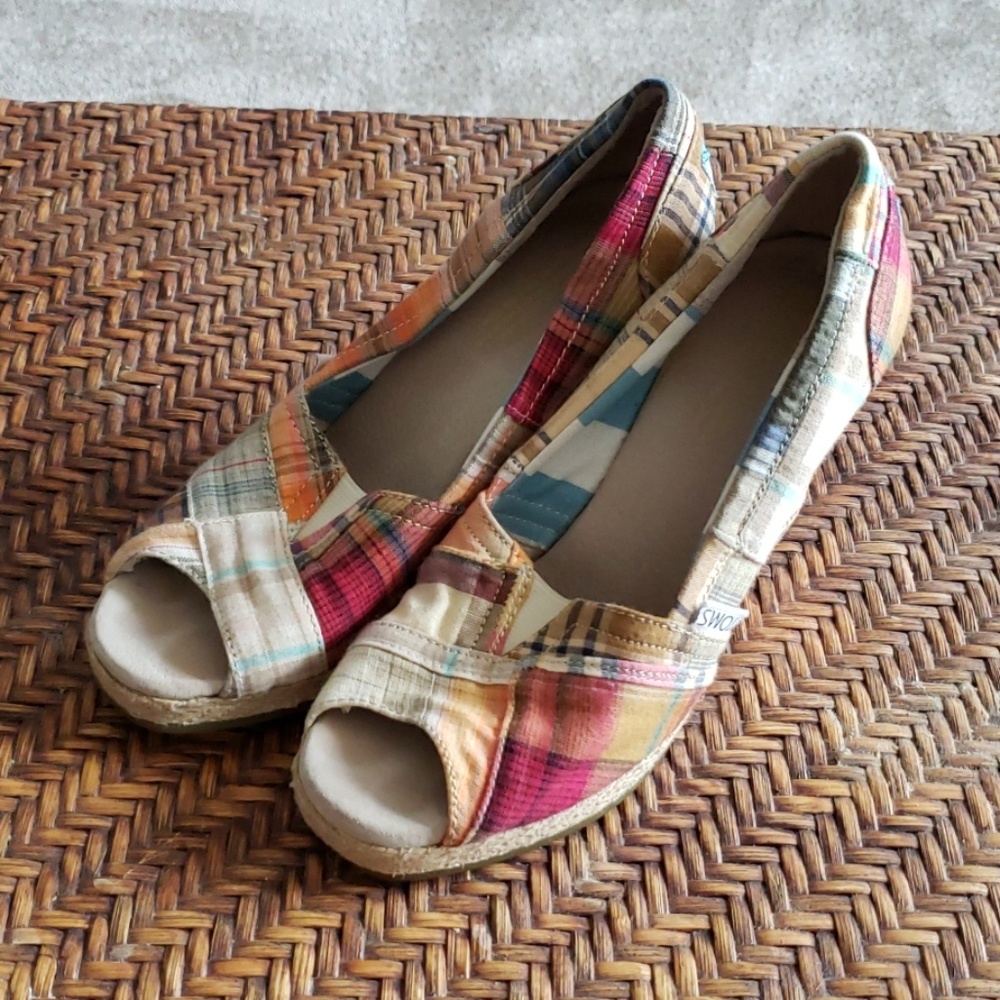 Tom's Wedge Plaid Peep Toe Heels